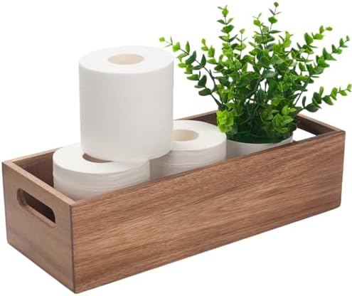 Toilet Tank Basket, Toilet Paper Basket for Back of Toilet Tank Top, Acacia Wood Bathroom Storage Basket for Organizing and Decor (15 x 6 x 4 inch)