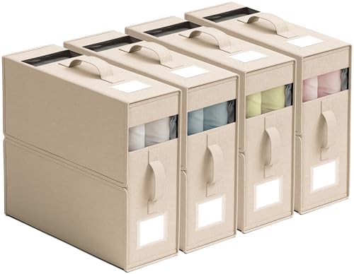Ornavo Home Linen Bed Sheet Organizer Bins 4 Pack, With Handles, Khaki