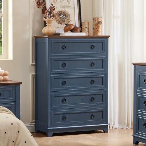Joaxswe Farmhouse 5 Drawer Dresser for Bedroom Set of 2, 42" Tall Small Dressers & Chest of Drawers, Rustic Wood Dresser with Metal Handle, Storage Organizer Closet for Living Room, Hallway,Entryway | Chest of Drawers, Rustic Wood Dresser with Metal Ha...