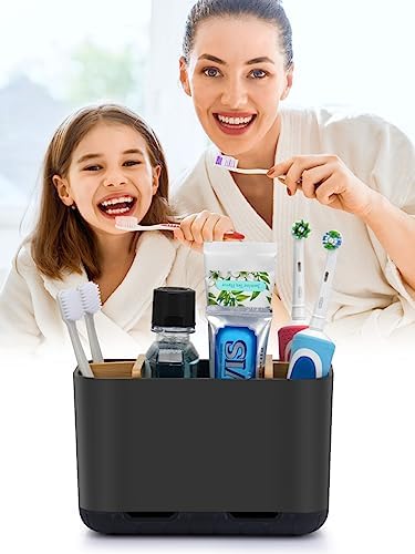 GFWARE Black Toothbrush Holder with Drainage, Bathroom Organizer, Large | 5 Slots Toothbrush and Toothpaste Holder with Bamboo Divider, Kids Electric Toothbrush Holder for Bathroom Sink Organize