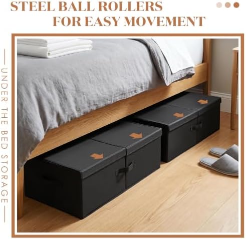 Geelin 4 Pack 80L Under Bed Storage with Wheels, 10 Inch Height Large Capacity Foldable Underbed Storage Bins with Lids & Handles, Easy Assembly Rolling Under Bed Containers for Clothes Blankets