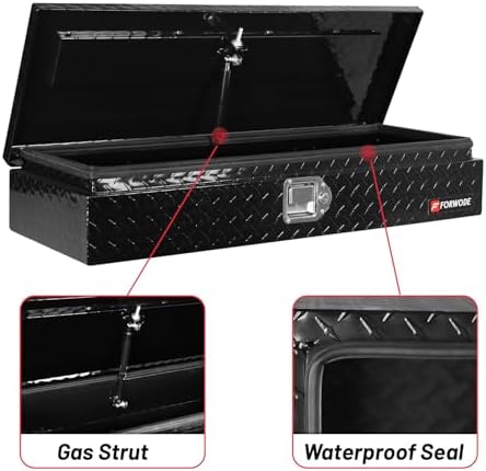 FORWODE 34 Inch Aluminum Truck Tool Box Lockable Truck Bed Tool Box Waterproof Truck Bed Storage Box with Gas Struts Truck Tool Chest for Pickup, Truck Bed, RV, Trailer & Garage (Black)