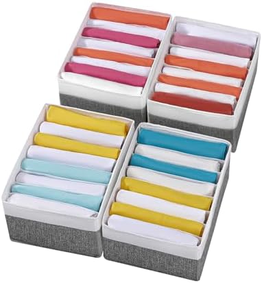 4 Packs T-shirt Drawer Organizers for Clothing,8 Grids Compartment Wardrobe Storage Box, Washable Clothes Organizer for Legging,Silk Scarve-12.59''x9.05''x5.9-GreyWhite