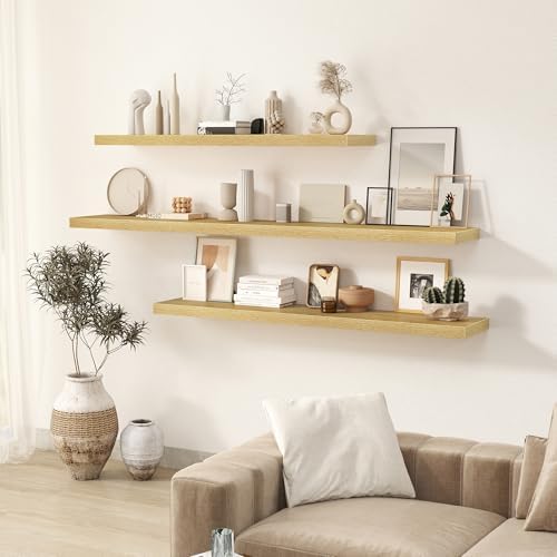 Fun Memories 55 Inch Floating Shelves for Wall 2 Pack Shelves for Bedroom|Kitchen|Bathroom 55 x 9.3 Inch Wood Floating Shelf with Invisible Brackets for Books|Storage|Decor, Oak
