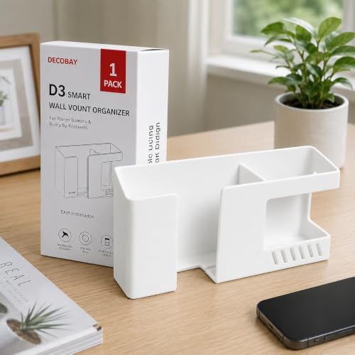 Strong Adhesive Wall Mount Phone Holder D3 Punch-Free Bedside Phone Shelf with Charging Port, Sticky Remote Control Storage Box, Bathroom & Kitchen Wall Organizer (White)