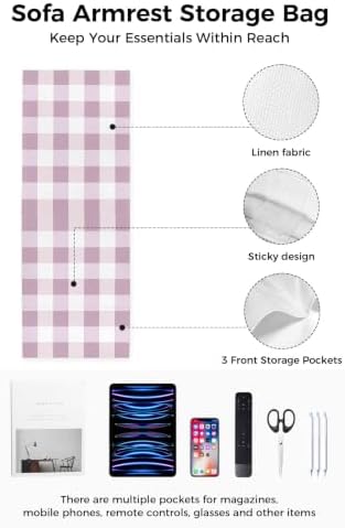Sofa Armrest Organizer Bedside Caddy Pink White Buffalo Plaid Armchair Couch Caddy with Pocket Remote Control Holder Classic Checked Arm Chair Caddy for Recliner Glasses Phone Tablets Magazine 13"x35"