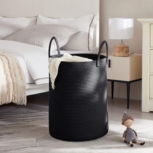80L Large Black Laundry Basket Tall Woven Hamper for Clothes | Modern Blanket Storage Basket in Living Room Bedroom 16Dx22H"