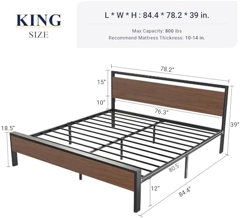 Allewie King Size Bed Frame, Heavy Duty 12 Metal Slats Support, Walnut