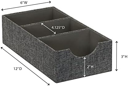 Household Essentials 3-Compartment Drawer Organizers, Pack of 2, Sturdy Chipboard Base with Soft and Stylish Polyester Linen Covering, Graphite