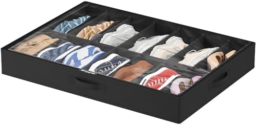 Lifewit Under Bed Shoe Storage Organizer 1 Pack(14 Shoes Cells), 4.3 Inches Profile Fabric Shoes Container Box with Clear Cover, Foldable Storage Bag with 2 Handles, Fits 7 to 14 Pairs