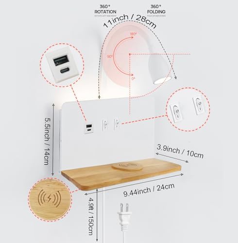 White Bedside Wall Sconce with Wireless Charging Station, USB-C & USB-A Ports, Plug in Wall Light with Shelf, Gooseneck 3Color LED Reading light & 3000K Backlight Plug-in or Hardwired for Bedroom,Dorm