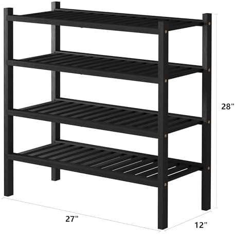 ROMGUAR CRAFT 4 Tier (Thick) Bamboo Shoe Rack for Closet Free Standing Wood Shoe Shelf for Entryway Small Space Stackable 27"x12"x28" (Blackl)