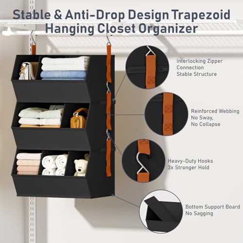 Hanging Closet Organizer Extra Large, Clothes Hanging Shelves for Closet with Divider, Collapsible Closet Storage System, Fabric Storage Bins for Home, Dorm, Rv, Sweaters, Handbags, Underwear, Sock