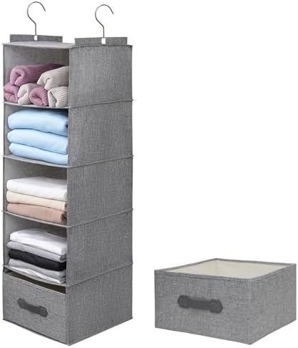 Large Hanging Sweater Organizer, Grey, 5 Shelf-1 d | Collapsible, 5-Shelf Hanging Closet Shelves, With Drawers, Washable