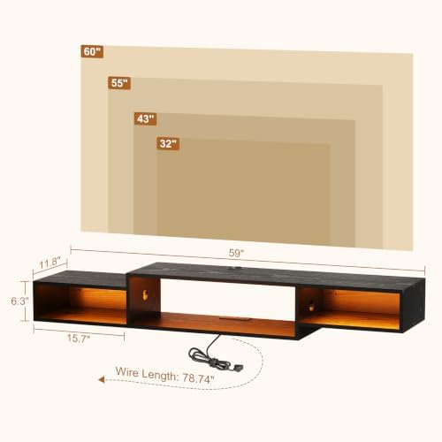 59 Inch Floating TV Stand, Wall Mounted Entertainment Center, Off Black