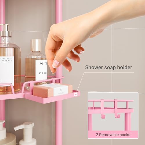 ELYKEN Corner Shower Caddy Standing, 3 Tier Metal Shower Organizer, Pink | Stainless Steel Shower Shelves with Soap Holder, Adjustable Feet & 2 Hooks for Storing Bath Essentials in Bathroom corner