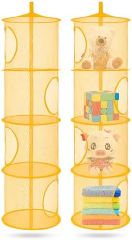2Pcs Hanging Stuffed Animal Storage Hammock 4 Tiers, Yellow
