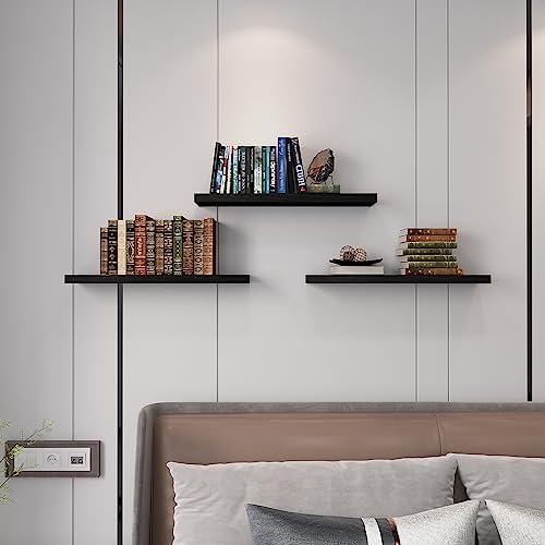 SAUMONIERES Floating Wall Shelves for Bedroom Bathroom Wall Mounted Solid Wood Shelf 24 Inch Set of 3, Black