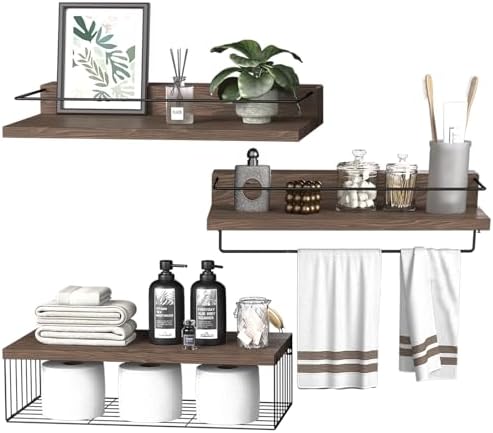 PopiShelves 22.5 inches Bathroom Shelves Over Toilet for Wall, Floating Shelves with Storage Basket Paper Holer for Kitchen Living Room, Bedroom & Classroom, Set of 3 (Dark Brown)