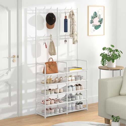Laiensia 5-Tier Entryway Coat Rack, Coat and Shoe Rack, Entryway Bench Storage Organizer with 8 Hooks for Bedroom, Hallway, Office, White