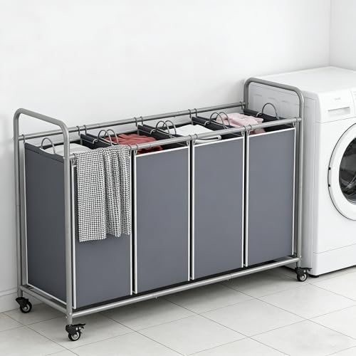 LINZINAR 4 Section Laundry Hamper, Grey Laundry Basket, 180L Laundry Sorter | Laundry Room Organization with Heavy Duty Rolling Lockable Wheels and Removable Bag, Bedroom Laundry Cart for Clothes Storage