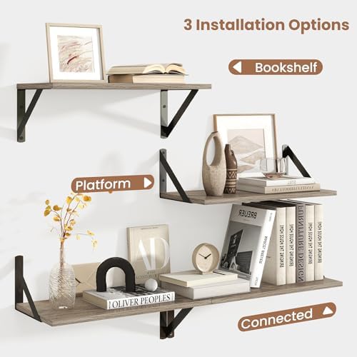 Axeman Floating Shelves for Wall, 16'' x 8'' Grey Wall Shelves Set of 2