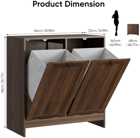 Smart FENDEE Double Tilt Out Laundry Hamper Cabinet, 11.8 Gallon Hidden Trash Cabinets with 2 Baskets for Kitchen, Freestanding Small Bathroom Storage Cabinet Unit, Walnut