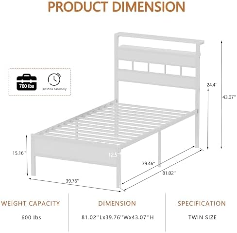 Furnulem Twin Bed Frames with Storage Headboard, Charger & RGB LED, White