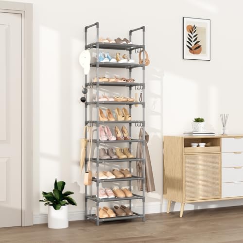 VTRIN 10 Tiers Tall Shoe Rack Holds 20-25 Pairs of Shoes Sturdy Vertical Shoe Organizer with 18pcs Hooks Stackable Narrow Shoe Rack for Closet, Entryway Grey