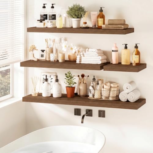 Vivelove Floating Shelves 9 inch Deep 24”Long Set of 2, Walnut | Easy Install With Hardware, 1.5" Thick, Invisible Brackets, Wall Mounted, No Sagging, For Any Room