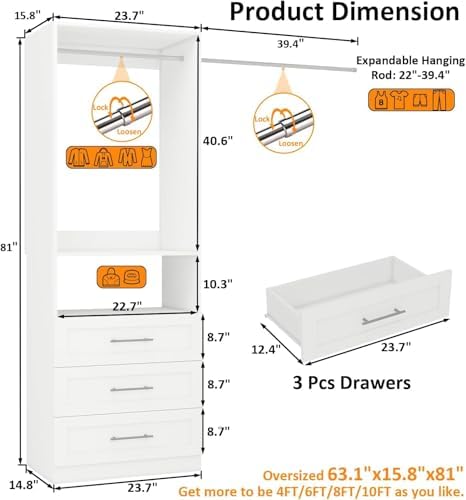 Closet System with Drawers, 2FT Closet Organize System with 3 Drawers & 2 Hanging Rods &for Walk in Closets, 24" Freestanding Closet System, White(VO-009)