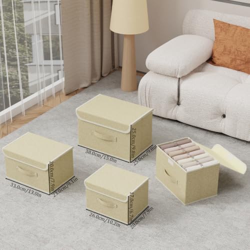 Storage Bins with Handles,Grey and Beige,13x9.1x7.9in,5 Pack | Storage Baskets with PP Board Support,Washable Wardrobe Organisers with Lids,Stackable Organization Bins for Socks,Ties,Scarf