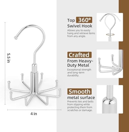 ZEDODIER Tie Hanger for Closet, Rotating Tie Organizer, Holds 8 Ties