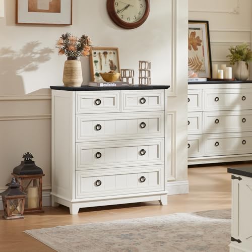 Joaxswe Farmhouse 5 Drawer Dresser for Bedroom, 33.2" Tall Chest of Drawers | Rustic Wood Dresser with Metal Handle, Storage Organizer Closet for Living Room, Hallway, Entryway, White