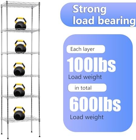 BestOffice | 6-Tier Wire Storage Shelves | 17x12x64 | Chrome | with Adjustable Racks | Heavy-Duty Metal Shelf, Holds Upto 600 lbs | No-Tool Assembly | Ideal for Home & Garage Shelving