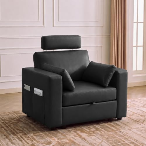 41.1" Accent Sofa Chair with Storage, Faux Leather Living Room Chairs with Headrest and Side Pockets, Mid Century Modern Arm Chair, Upholstered Comfy Single Couch Reading Club Chairs, Black