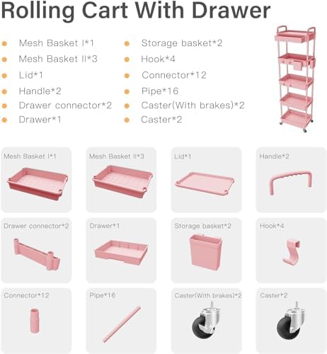 Sorgion 5 Tier Rolling Cart Organizer,Bathroom Cart Organizers with Wheels Laundry Room Organization Mobile Shelving Unit Utility Cart Storage Shelves Multi-Functional for Office, Home(Pink)