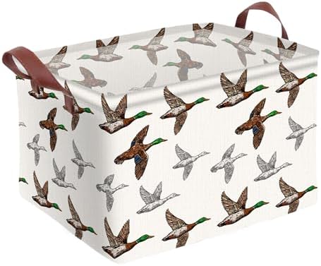 Mallard Duck Storage Basket Waterproof Canvas Toy Storage Bin Mallard Duck Room Decor Collapsible Outdoor Basket with Leather Handles Blanket Baskets For Closets,Bedrooms,Gifts Baskets