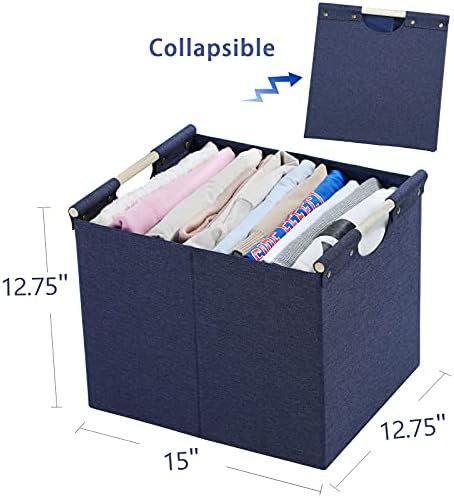 HOONEX Large Foldable Storage Bins, Linen Fabric, Pack of 2, Storage Baskets with Wooden Carry Handles and Sturdy Heavy Cardboard, for Home, Office, Car, Nursery, Blue