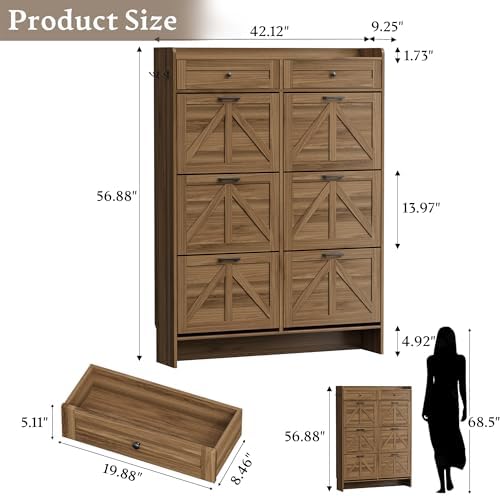 BORNOON Shoe Cabinet for Entryway, Farmhouse Shoe Storage Cabinet with 6 Flip Drawers and 2 Top Drawers, Tall Narrow Shoe Organizer Cabinet with Adjustable Shelves, Side Hooks and Anti-Tip Kit