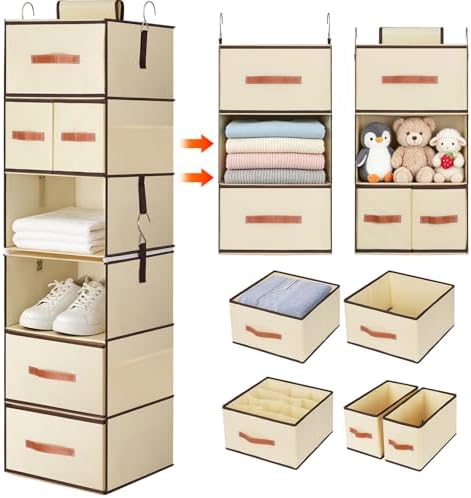 Hanging Closet Organizer 6-Shelf, Upgrade Closet Organizers and Storage with 5 Removable Drawers & 4 Side Pockets, Hanging Shelf Organizer for Closet or Garment Rack, 12.6'' x 12.6'' x 44.1'', Beige