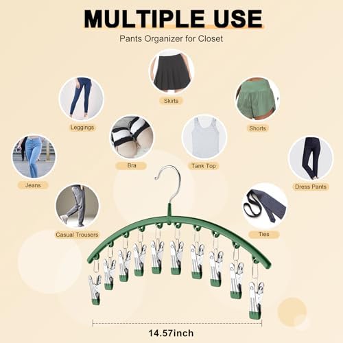 Legging Organizer for Closet, Metal Yoga Pants Hangers 1 Pack w/10 Clips Holds 10 Leggings, Space Saving Hanging w/Rubber Coated Closet Organizers and Storage, Green