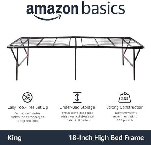 Amazon Basics Foldable Metal Platform Bed Frame with Storage Space, Sturdy Steel, No Box Spring Needed, 18 Inches High, Tool-Free Setup, Noise Free, King Size, Black