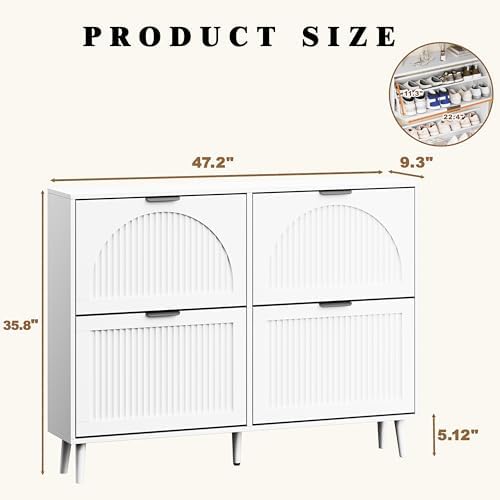 Shoe Storage Cabinet with 2 Flip Drawers, Narrow Wood Shoe Organizer Cabinet, Slim Freestanding Fluted Shoe Cabinet for Entryway, Living Room, Hallway (White, 4-Drawers)