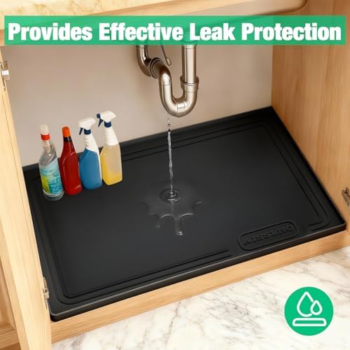 Aisslro Under Sink Mat 25" X 19", Waterproof Silicone Under Sink Mats for Kitchen, Anti-Leak Shelf Liner & Cabinet Protector with Raised Edge, [BPA Free] Bathroom Tray Home Organizer, Black