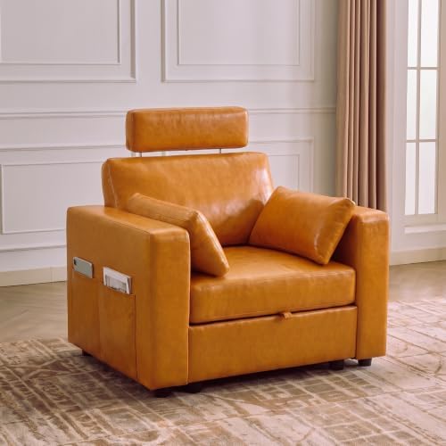 41.1" Accent Sofa Chair with Storage, Faux Leather Living Room Chairs with Headrest and Side Pockets, Mid Century Modern Arm Chair, Upholstered Comfy Single Couch Reading Club Chairs, Brown