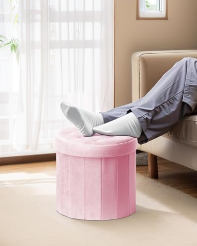 Bsketa Round Storage Ottoman, 14" Folding Velvet Foot Stool,Pink 2 Pack | Foot Stool with Thicker Foam Padded Seat Small Velvet,Livingroom, Dorm, Bedroom, Easy to install,14 x 14 x 13in