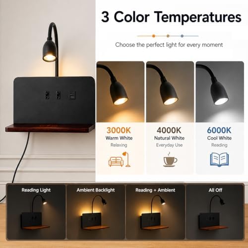 Bedside Wall Sconce with Wireless Charging Station & USB Charging, 3 Adjustable Color Temperatures LED Reading Light, 3000K Warm Ambient lighting Wall Mounted Sconce for Bedroom, Plug-in or Hardwired
