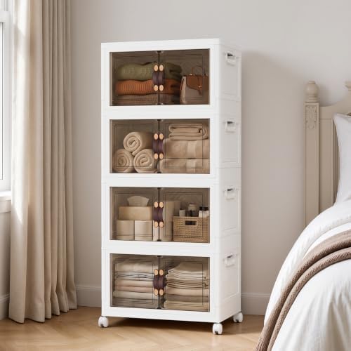 4Tier 428QT Stackable Storage Bins With Lids Portable Wheels Cabinet, White