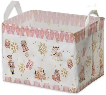 Pink Christmas Nutcracker Storage Baskets, Empty Christmas Gift Baskets, Pastel Nutcracker Home Decorations, Large Square Waterproof Laundry Hamper Coating, Foldable Toy & Clothes Bins for Bedroom